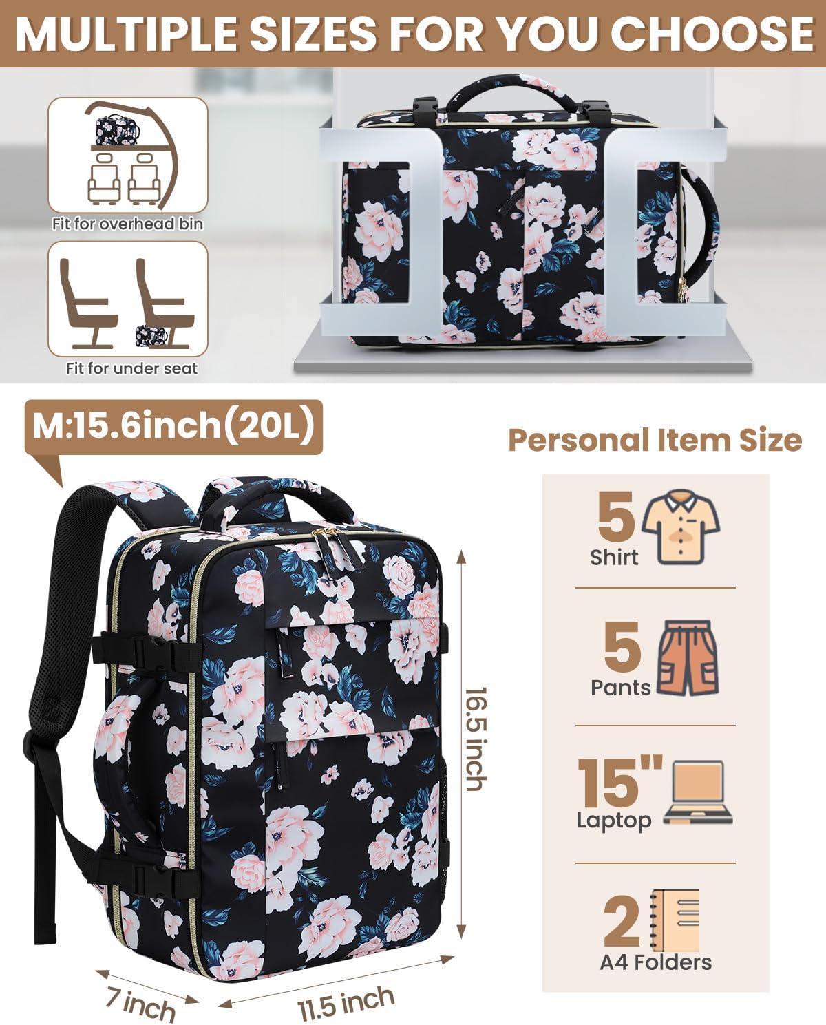 Travel Backpack for Women Man, Waterproof Personal Item Travel Bag Airline Approved Laptop Backpack Bookbag Weekender bags for Business,Travel, Work Fits 15.6 inch Laptop(Medium,Beige)