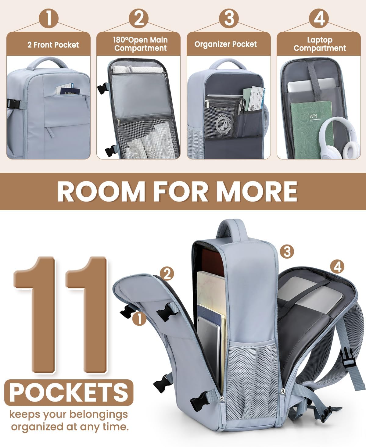 Travel Backpack for Women Man, Waterproof Personal Item Travel Bag Airline Approved Laptop Backpack Bookbag Weekender bags for Business,Travel, Work Fits 15.6 inch Laptop(Medium,Beige)