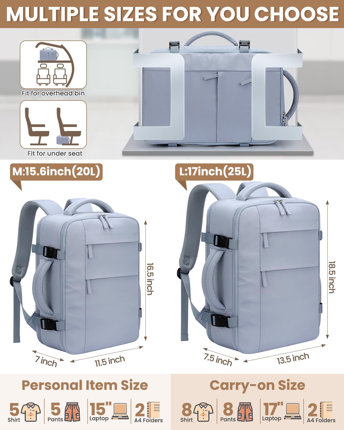Travel Backpack for Women Man, Waterproof Personal Item Travel Bag Airline Approved Laptop Backpack Bookbag Weekender bags for Business,Travel, Work Fits 15.6 inch Laptop(Medium,Beige)