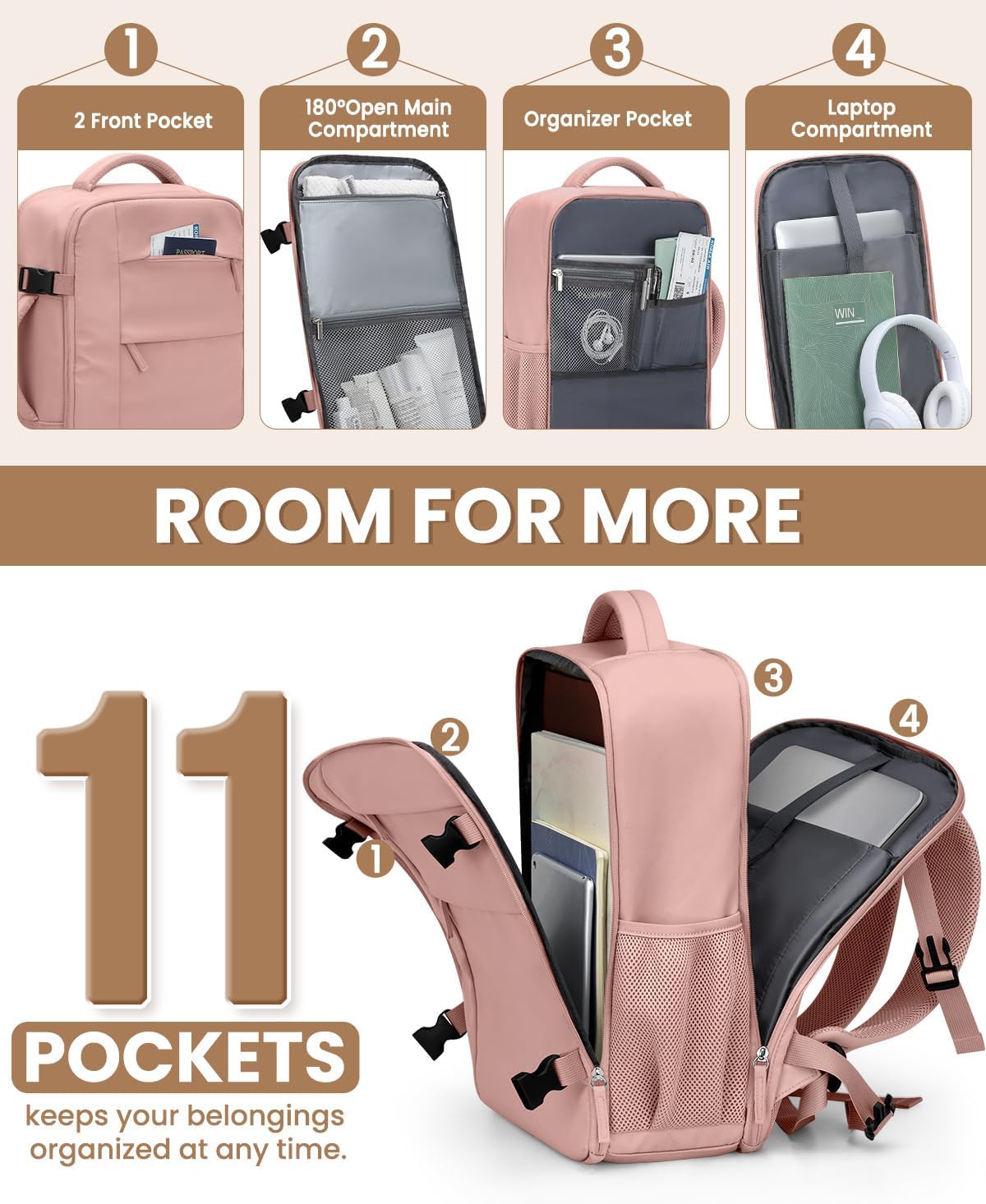 Travel Backpack for Women Man, Waterproof Personal Item Travel Bag Airline Approved Laptop Backpack Bookbag Weekender bags for Business,Travel, Work Fits 15.6 inch Laptop(Medium,Beige)