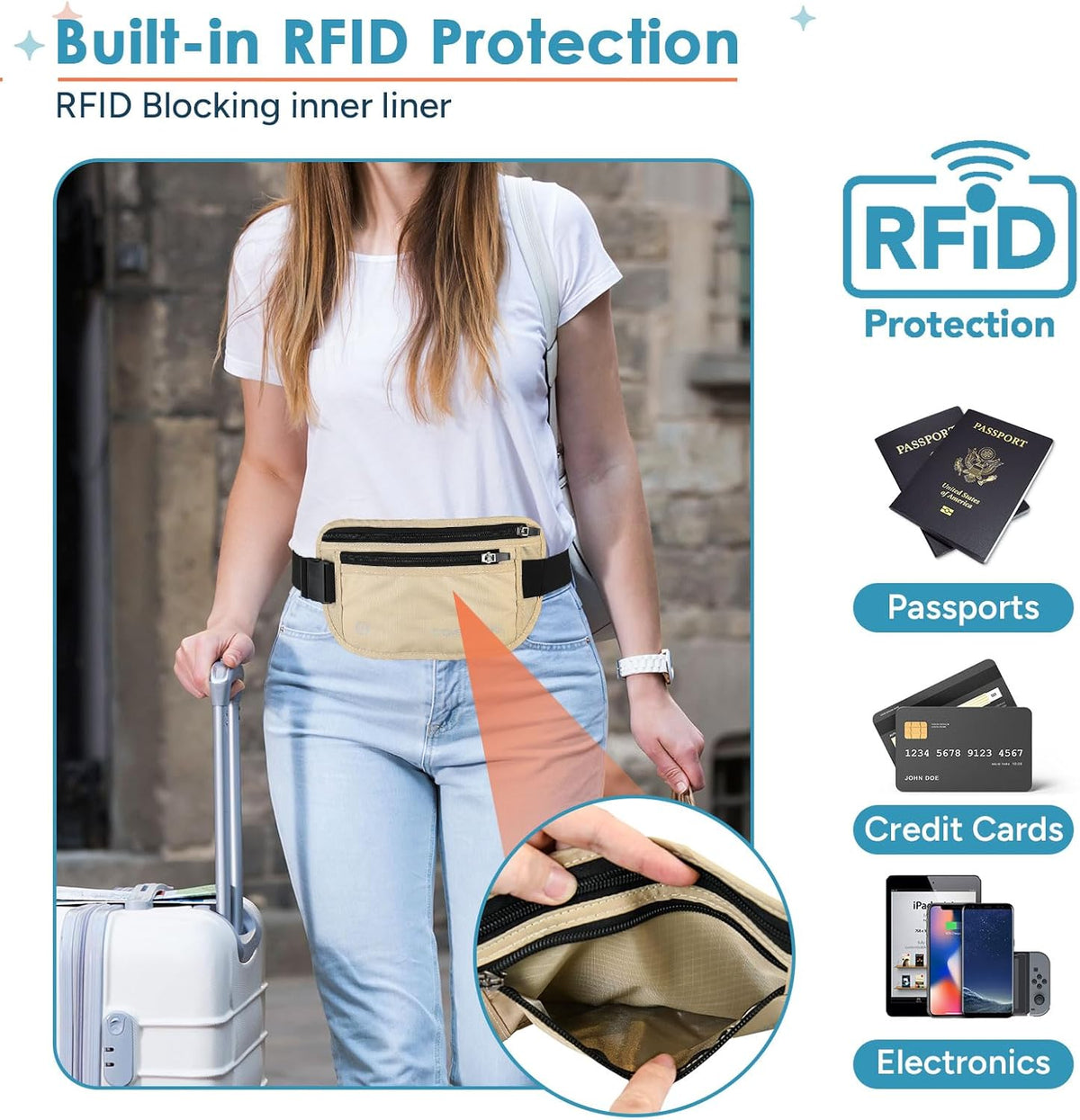 RFID Hidden Money Belt Slim Anti Theft Travel Wallet | Passport Holder for Travel Concealed under Clothes for Ultimate Protection of Credit Cards, Cash, Passport & Documents, Black