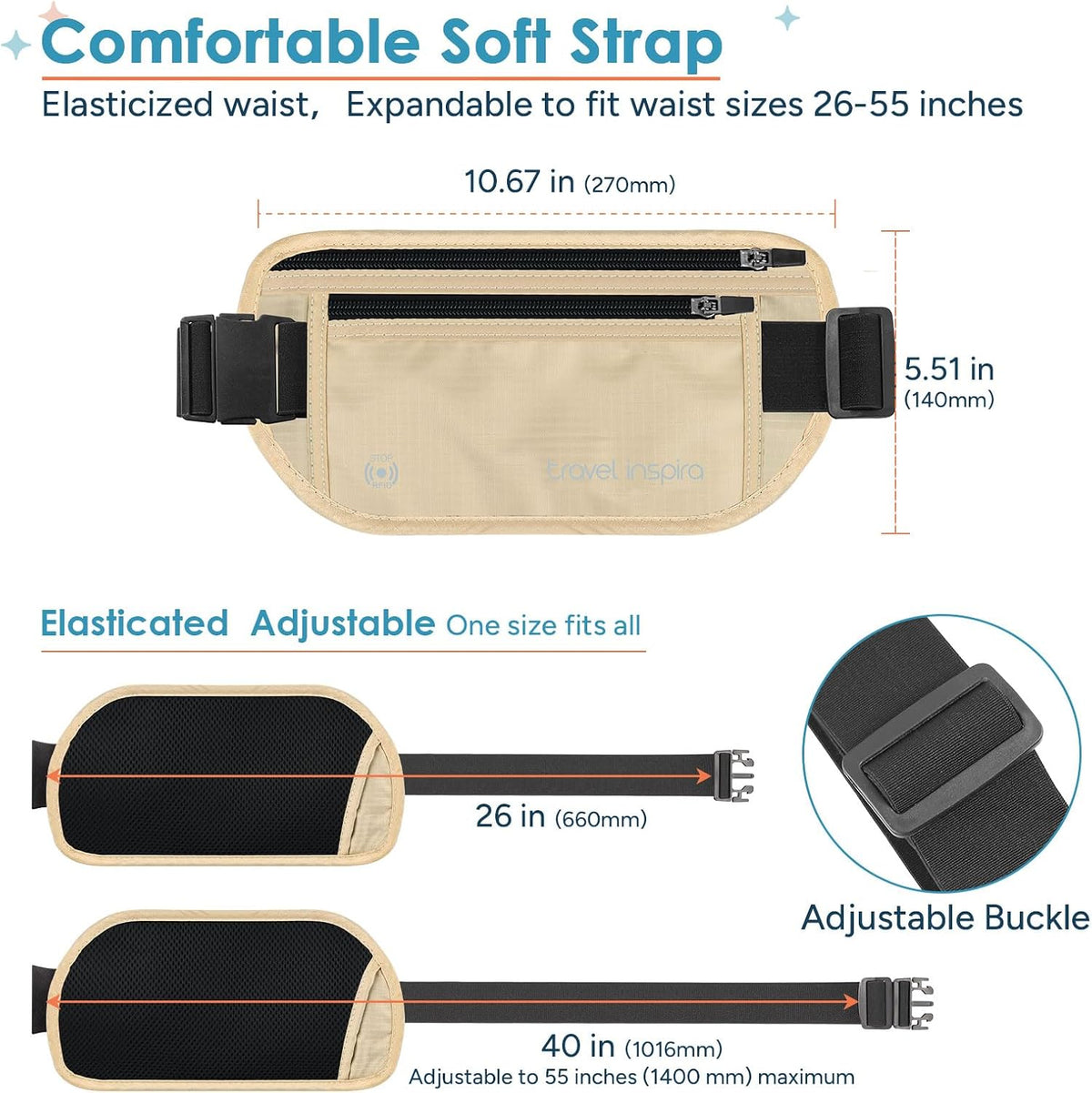 RFID Hidden Money Belt Slim Anti Theft Travel Wallet | Passport Holder for Travel Concealed under Clothes for Ultimate Protection of Credit Cards, Cash, Passport & Documents, Black