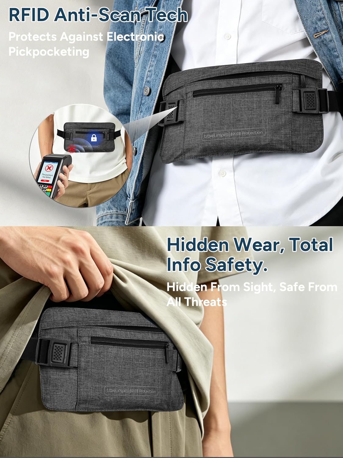 RFID Hidden Money Belt Slim Anti Theft Travel Wallet | Passport Holder for Travel Concealed under Clothes for Ultimate Protection of Credit Cards, Cash, Passport & Documents, Black
