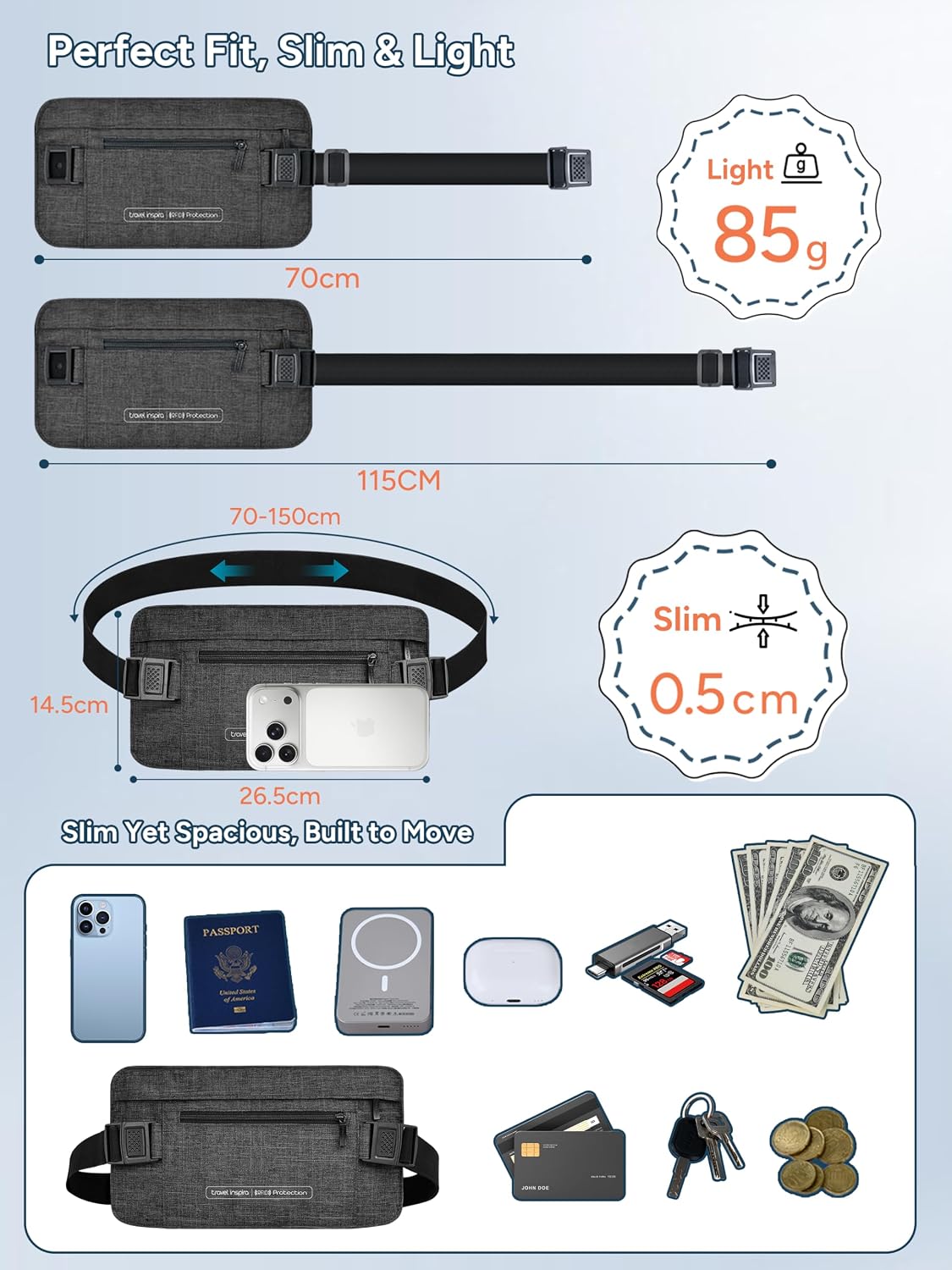 RFID Hidden Money Belt Slim Anti Theft Travel Wallet | Passport Holder for Travel Concealed under Clothes for Ultimate Protection of Credit Cards, Cash, Passport & Documents, Black