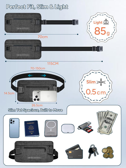 RFID Hidden Money Belt Slim Anti Theft Travel Wallet | Passport Holder for Travel Concealed under Clothes for Ultimate Protection of Credit Cards, Cash, Passport & Documents, Black
