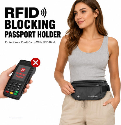 RFID Hidden Money Belt Slim Anti Theft Travel Wallet | Passport Holder for Travel Concealed under Clothes for Ultimate Protection of Credit Cards, Cash, Passport & Documents, Black