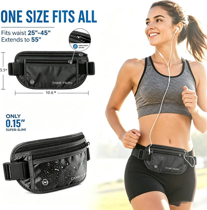 RFID Hidden Money Belt Slim Anti Theft Travel Wallet | Passport Holder for Travel Concealed under Clothes for Ultimate Protection of Credit Cards, Cash, Passport & Documents, Black