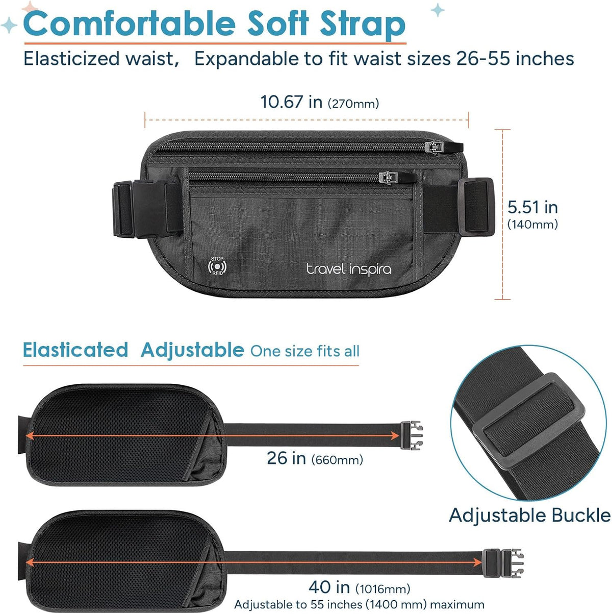 RFID Hidden Money Belt Slim Anti Theft Travel Wallet | Passport Holder for Travel Concealed under Clothes for Ultimate Protection of Credit Cards, Cash, Passport & Documents, Black