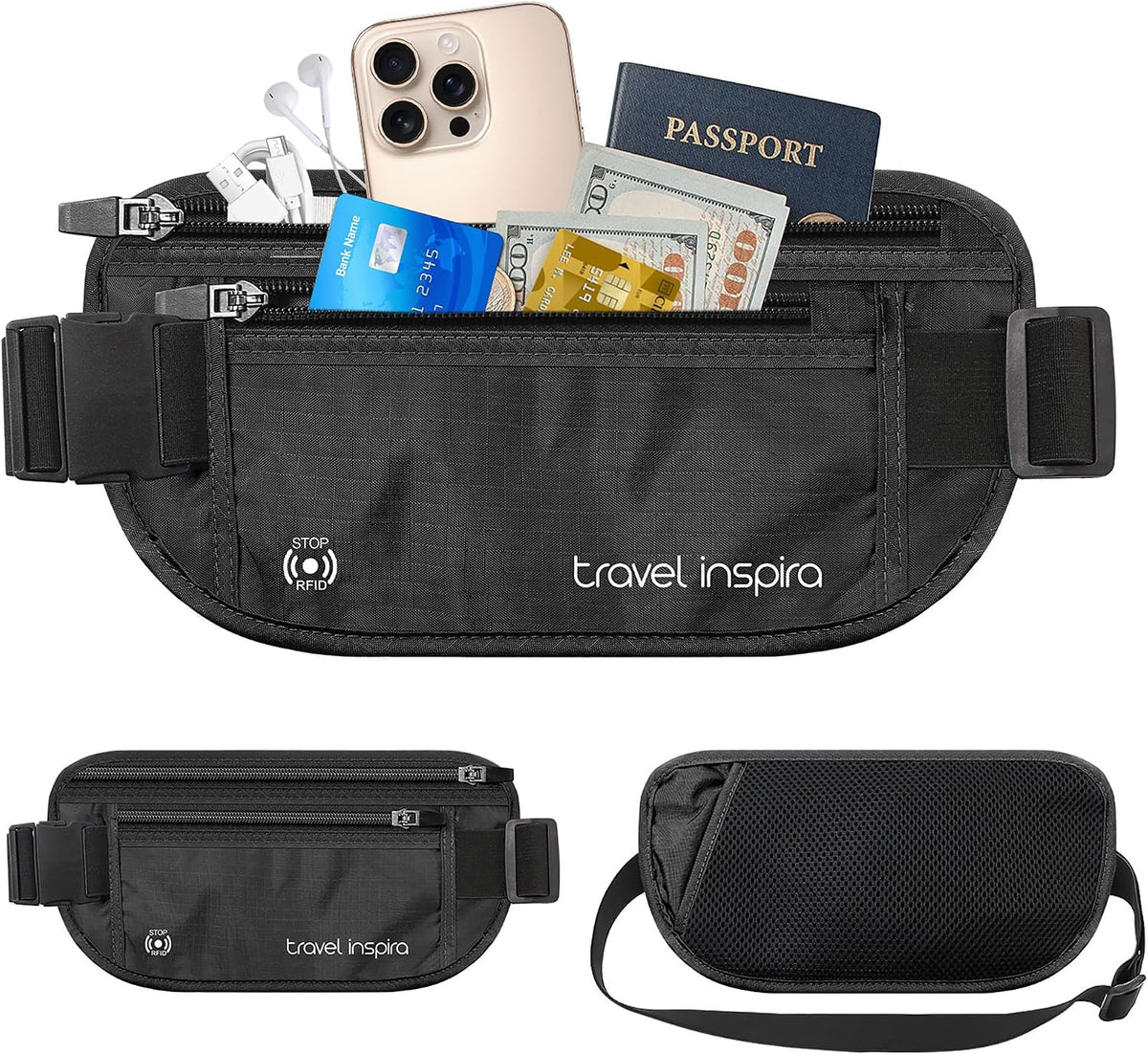 RFID Hidden Money Belt Slim Anti Theft Travel Wallet | Passport Holder for Travel Concealed under Clothes for Ultimate Protection of Credit Cards, Cash, Passport & Documents, Black