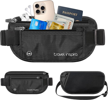 RFID Hidden Money Belt Slim Anti Theft Travel Wallet | Passport Holder for Travel Concealed under Clothes for Ultimate Protection of Credit Cards, Cash, Passport & Documents, Black