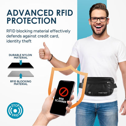 RFID Hidden Money Belt Slim Anti Theft Travel Wallet | Passport Holder for Travel Concealed under Clothes for Ultimate Protection of Credit Cards, Cash, Passport & Documents, Black