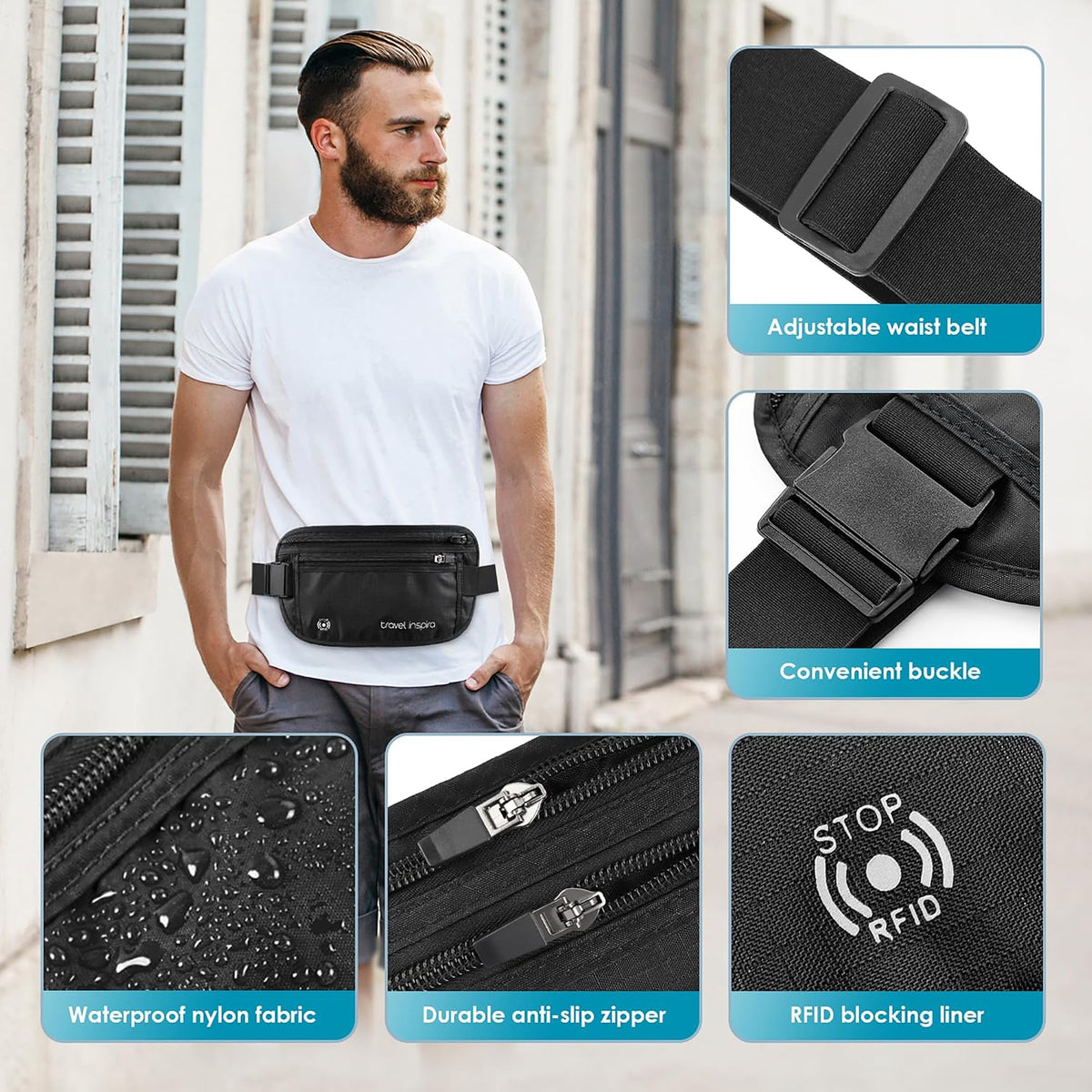 RFID Hidden Money Belt Slim Anti Theft Travel Wallet | Passport Holder for Travel Concealed under Clothes for Ultimate Protection of Credit Cards, Cash, Passport & Documents, Black