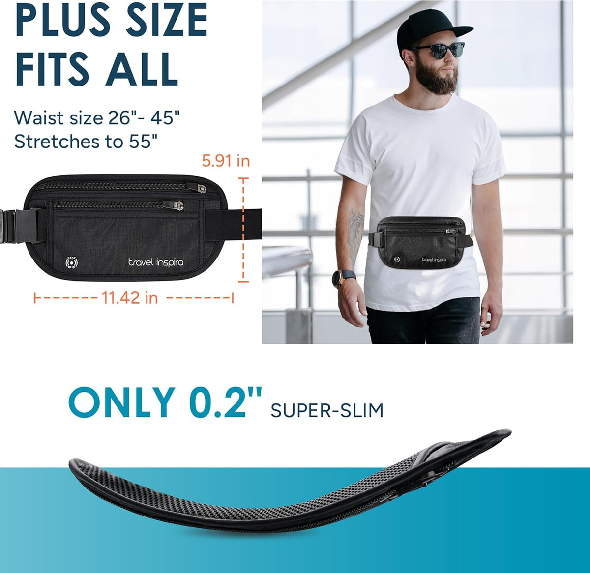 RFID Hidden Money Belt Slim Anti Theft Travel Wallet | Passport Holder for Travel Concealed under Clothes for Ultimate Protection of Credit Cards, Cash, Passport & Documents, Black
