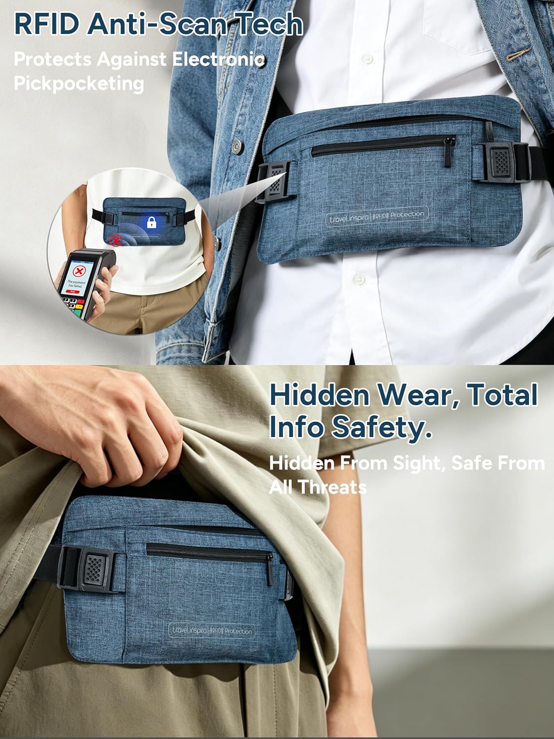 RFID Hidden Money Belt Slim Anti Theft Travel Wallet | Passport Holder for Travel Concealed under Clothes for Ultimate Protection of Credit Cards, Cash, Passport & Documents, Black