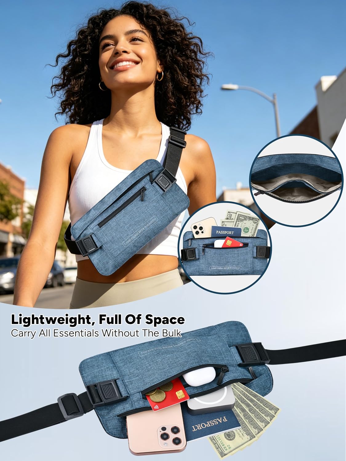 RFID Hidden Money Belt Slim Anti Theft Travel Wallet | Passport Holder for Travel Concealed under Clothes for Ultimate Protection of Credit Cards, Cash, Passport & Documents, Black