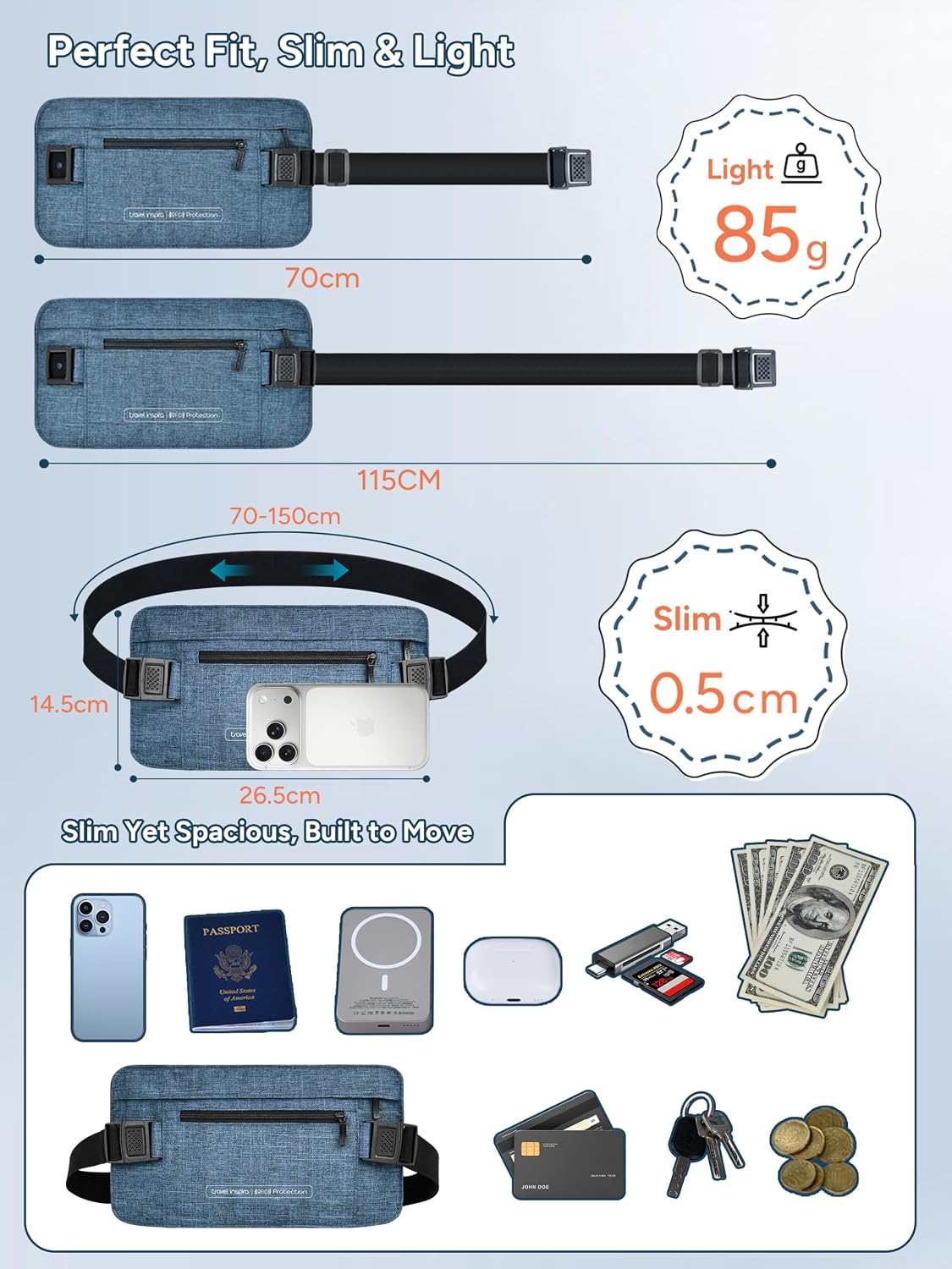 RFID Hidden Money Belt Slim Anti Theft Travel Wallet | Passport Holder for Travel Concealed under Clothes for Ultimate Protection of Credit Cards, Cash, Passport & Documents, Black
