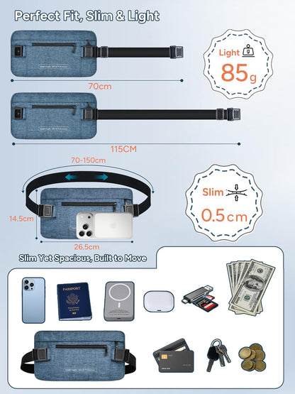 RFID Hidden Money Belt Slim Anti Theft Travel Wallet | Passport Holder for Travel Concealed under Clothes for Ultimate Protection of Credit Cards, Cash, Passport & Documents, Black