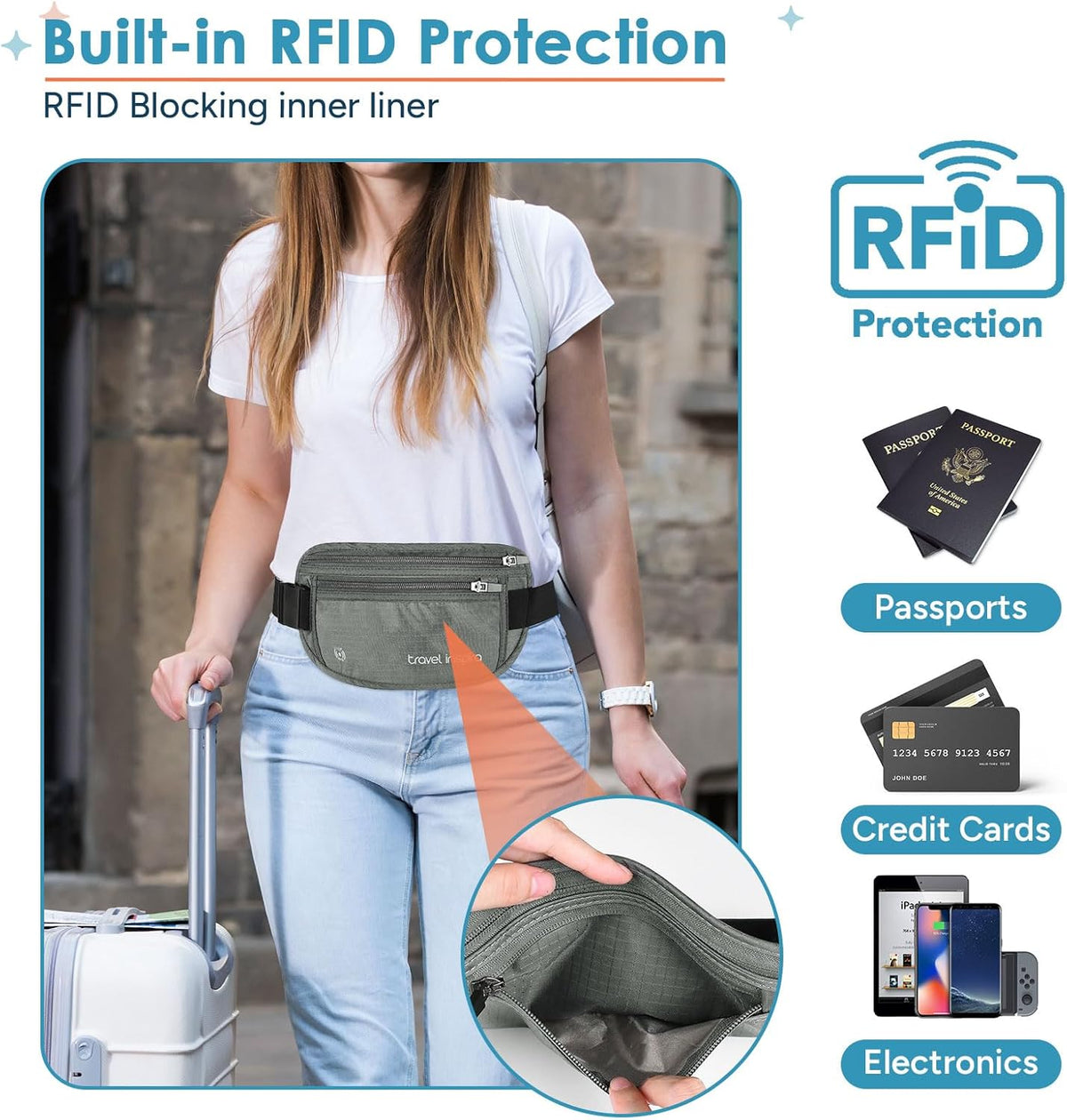 RFID Hidden Money Belt Slim Anti Theft Travel Wallet | Passport Holder for Travel Concealed under Clothes for Ultimate Protection of Credit Cards, Cash, Passport & Documents, Black