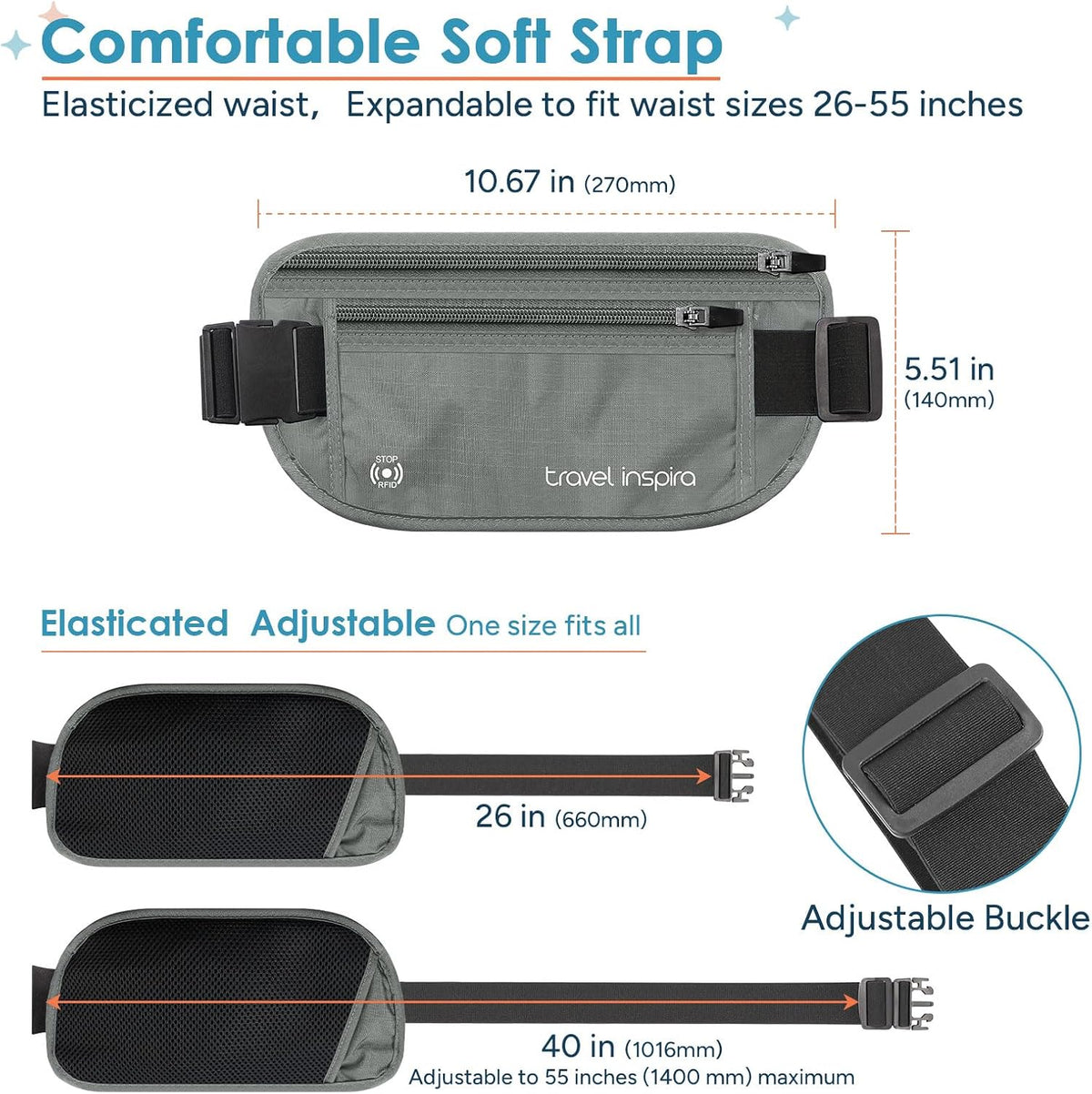 RFID Hidden Money Belt Slim Anti Theft Travel Wallet | Passport Holder for Travel Concealed under Clothes for Ultimate Protection of Credit Cards, Cash, Passport & Documents, Black