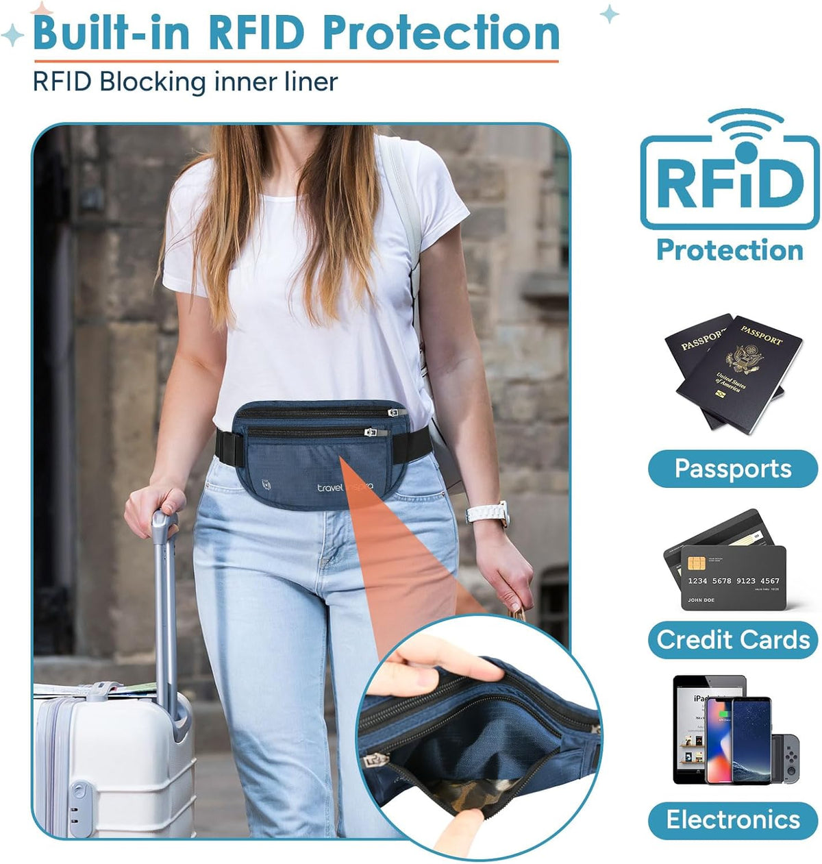 RFID Hidden Money Belt Slim Anti Theft Travel Wallet | Passport Holder for Travel Concealed under Clothes for Ultimate Protection of Credit Cards, Cash, Passport & Documents, Black