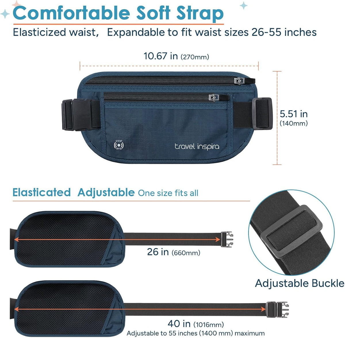RFID Hidden Money Belt Slim Anti Theft Travel Wallet | Passport Holder for Travel Concealed under Clothes for Ultimate Protection of Credit Cards, Cash, Passport & Documents, Black