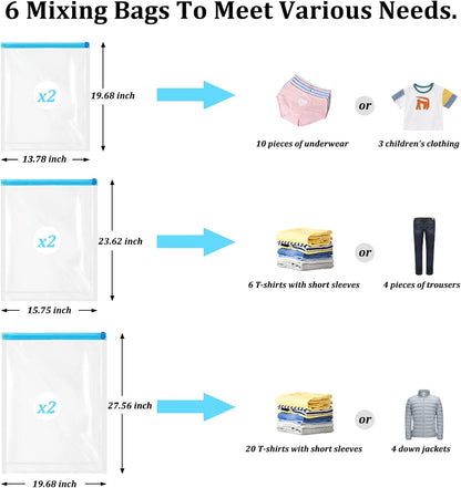 Andiker Vacuum Storage Bags 6 Pcs, Transparent and Environmental Protection Travel Compression Bags Sealing Clothes Bags Save 80% Space Saver Bag
