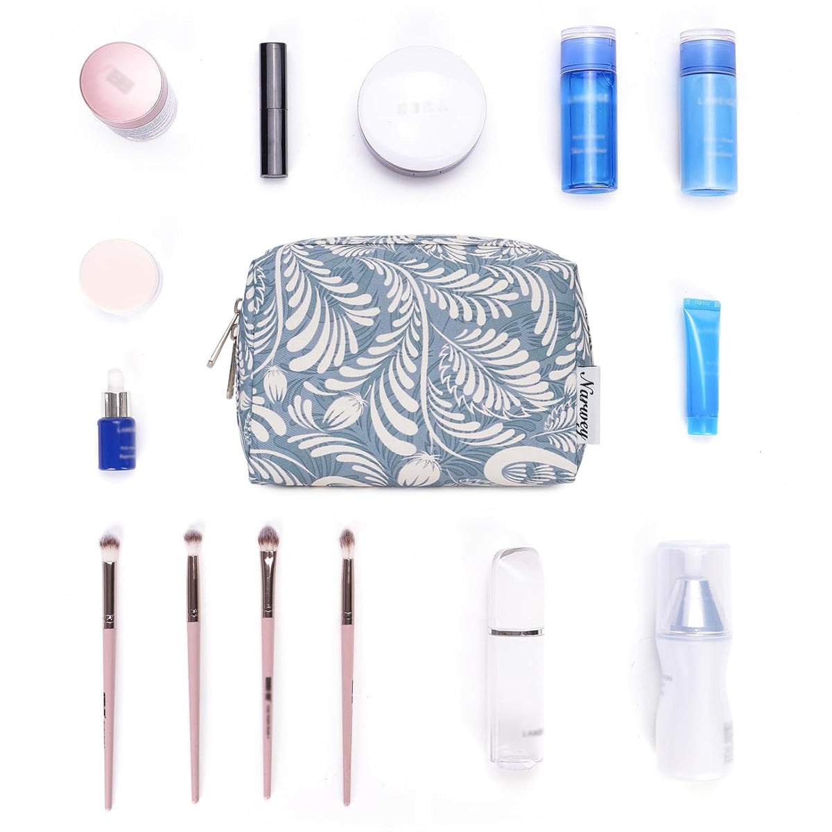 Cute Makeup Bag Travel Cosmetic Bag Organizer Toiletry Bag Make Up Bags with Compartments for Women Girls (Large, Blue Lotus)