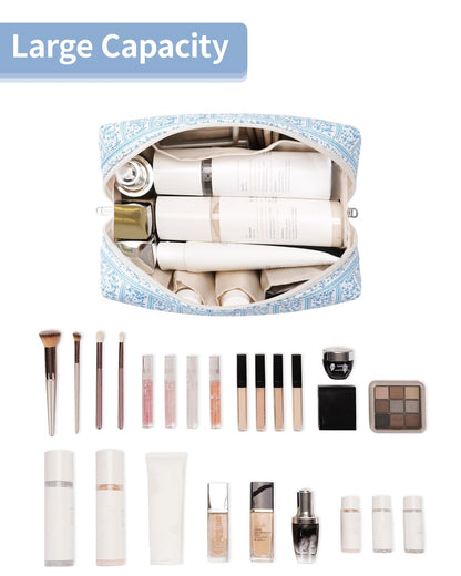 Cute Makeup Bag Travel Cosmetic Bag Organizer Toiletry Bag Make Up Bags with Compartments for Women Girls (Large, Blue Lotus)