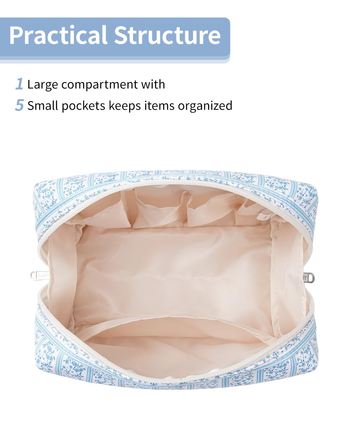 Cute Makeup Bag Travel Cosmetic Bag Organizer Toiletry Bag Make Up Bags with Compartments for Women Girls (Large, Blue Lotus)