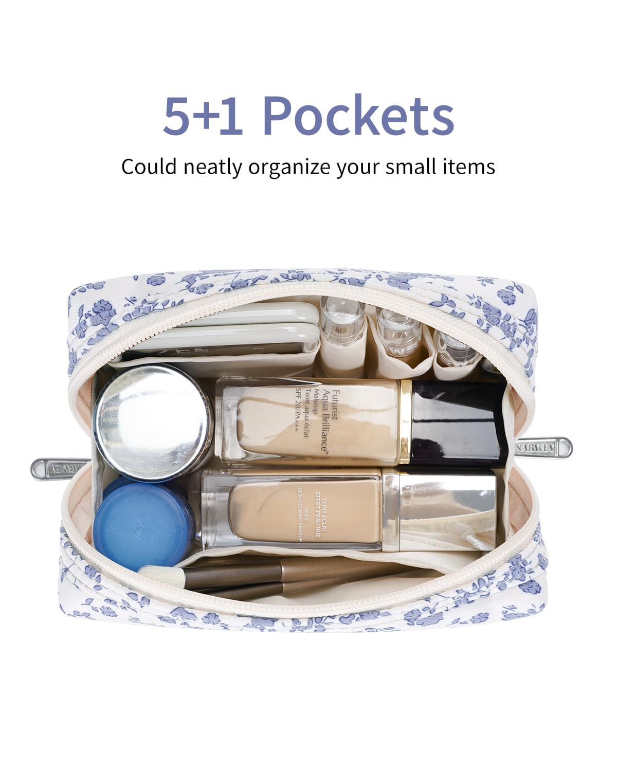 Cute Makeup Bag Travel Cosmetic Bag Organizer Toiletry Bag Make Up Bags with Compartments for Women Girls (Large, Blue Lotus)