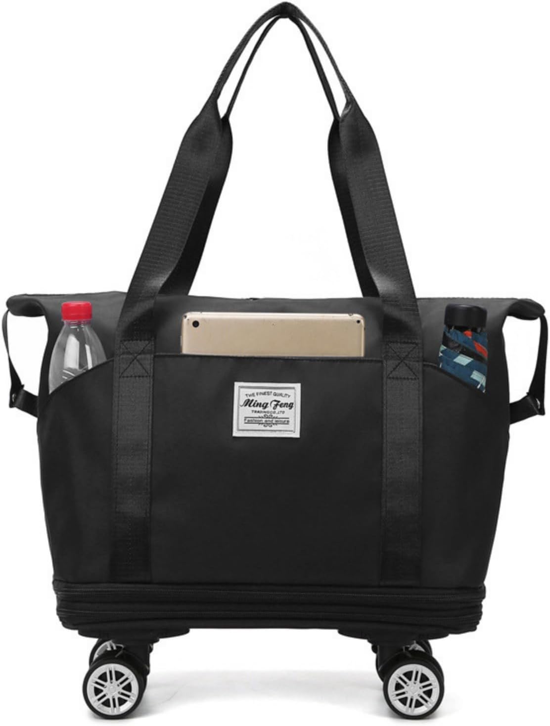 Expandable Rolling Duffle Bag, Travel Tote Bag with wheels, Large Waterproof Carry On Overnight Bag Hospital Bag Weekender with Spinners & Wet Pocket Black