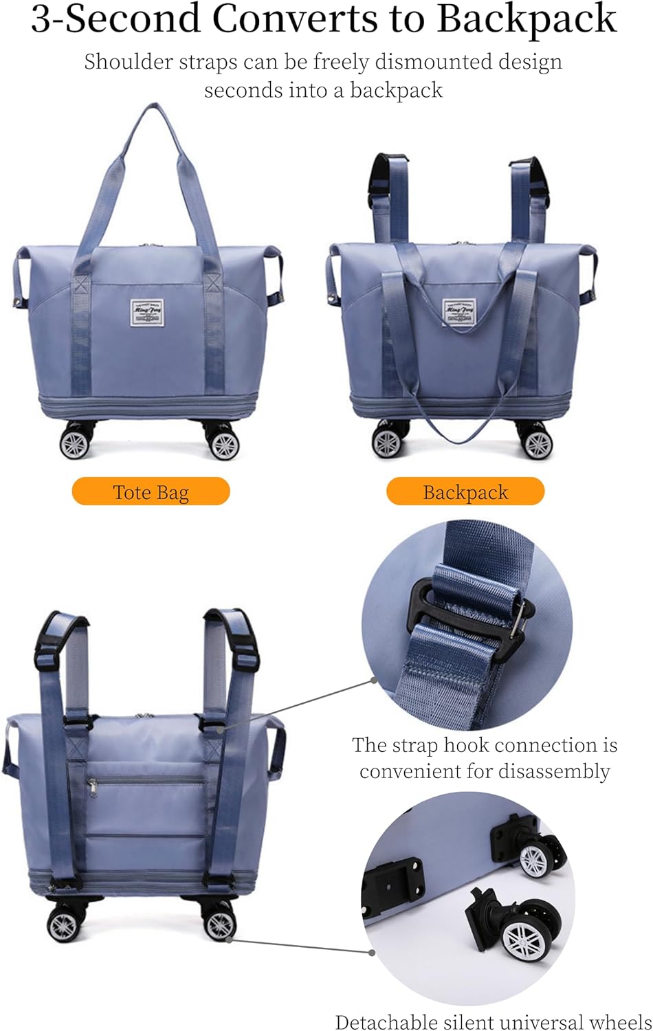 Expandable Rolling Duffle Bag, Travel Tote Bag with wheels, Large Waterproof Carry On Overnight Bag Hospital Bag Weekender with Spinners & Wet Pocket Black
