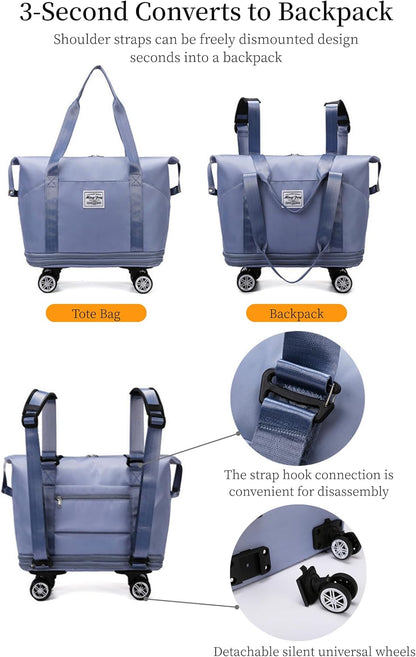Expandable Rolling Duffle Bag, Travel Tote Bag with wheels, Large Waterproof Carry On Overnight Bag Hospital Bag Weekender with Spinners & Wet Pocket Black