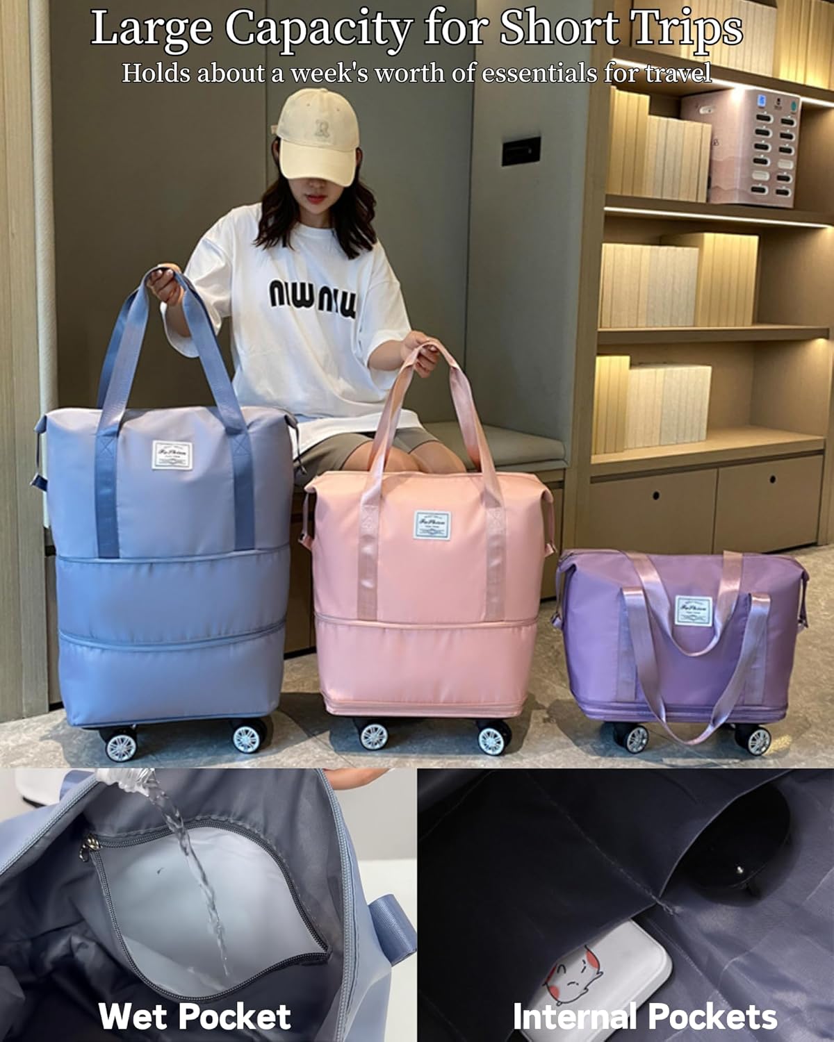 Expandable Rolling Duffle Bag, Travel Tote Bag with wheels, Large Waterproof Carry On Overnight Bag Hospital Bag Weekender with Spinners & Wet Pocket Black