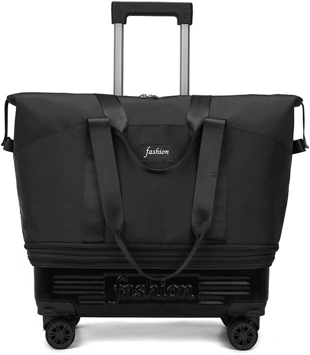 Expandable Rolling Duffle Bag, Travel Tote Bag with wheels, Large Waterproof Carry On Overnight Bag Hospital Bag Weekender with Spinners & Wet Pocket Black