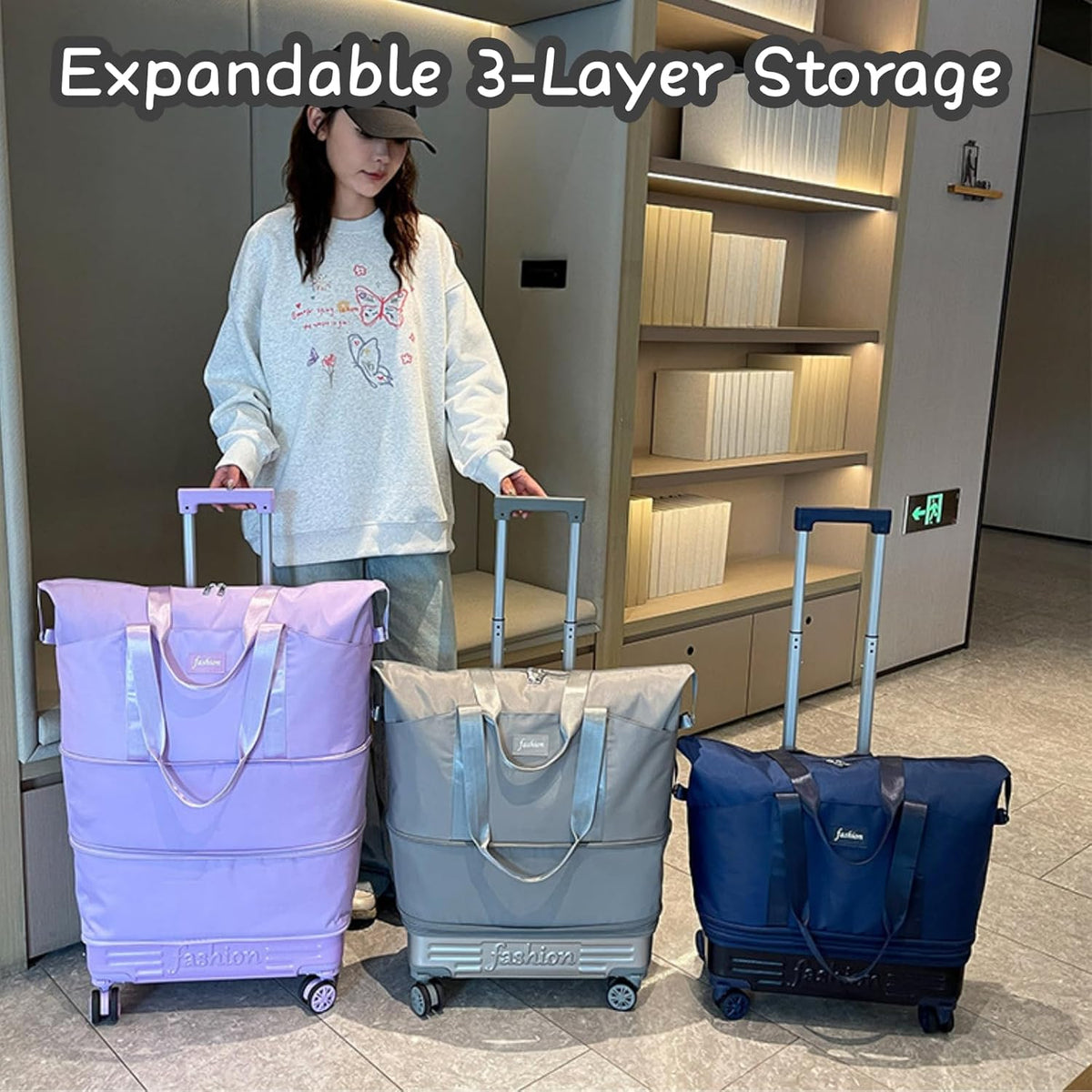 Expandable Rolling Duffle Bag, Travel Tote Bag with wheels, Large Waterproof Carry On Overnight Bag Hospital Bag Weekender with Spinners & Wet Pocket Black