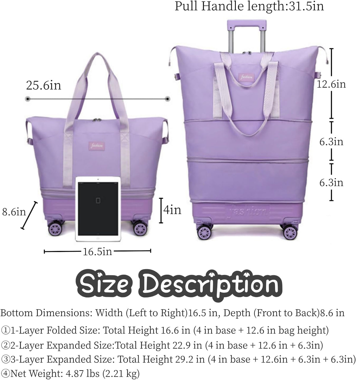 Expandable Rolling Duffle Bag, Travel Tote Bag with wheels, Large Waterproof Carry On Overnight Bag Hospital Bag Weekender with Spinners & Wet Pocket Black