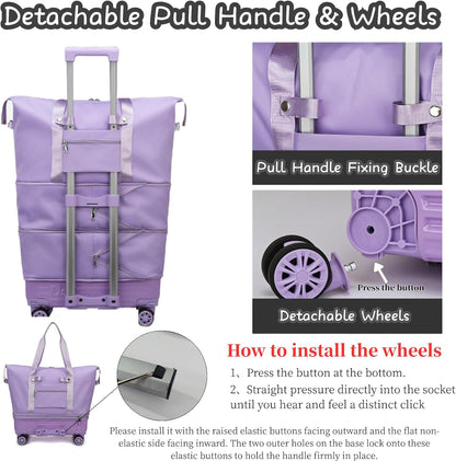 Expandable Rolling Duffle Bag, Travel Tote Bag with wheels, Large Waterproof Carry On Overnight Bag Hospital Bag Weekender with Spinners & Wet Pocket Black