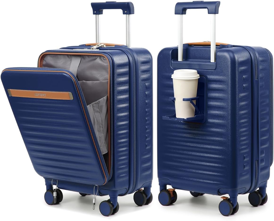 20 Inch Carry On Luggage with Front Pocket and Cup Holder, Blue | TSA Approved Suitcase, Laptop Compartment, Spinner Wheels With Brakes, ABS Hardside. Great For Frequent Business Travel