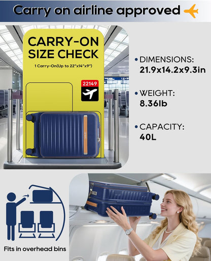 20 Inch Carry On Luggage with Front Pocket and Cup Holder, Blue | TSA Approved Suitcase, Laptop Compartment, Spinner Wheels With Brakes, ABS Hardside. Great For Frequent Business Travel