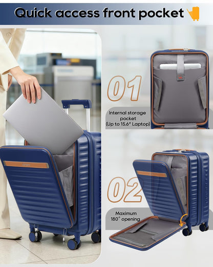 20 Inch Carry On Luggage with Front Pocket and Cup Holder, Blue | TSA Approved Suitcase, Laptop Compartment, Spinner Wheels With Brakes, ABS Hardside. Great For Frequent Business Travel