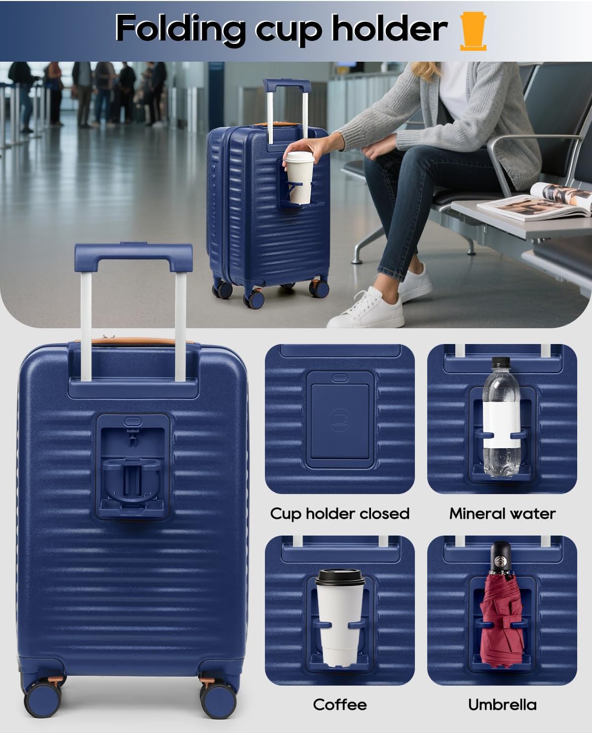 20 Inch Carry On Luggage with Front Pocket and Cup Holder, Blue | TSA Approved Suitcase, Laptop Compartment, Spinner Wheels With Brakes, ABS Hardside. Great For Frequent Business Travel