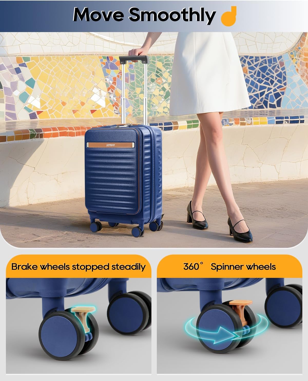20 Inch Carry On Luggage with Front Pocket and Cup Holder, Blue | TSA Approved Suitcase, Laptop Compartment, Spinner Wheels With Brakes, ABS Hardside. Great For Frequent Business Travel