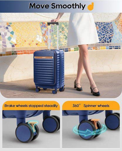20 Inch Carry On Luggage with Front Pocket and Cup Holder, Blue | TSA Approved Suitcase, Laptop Compartment, Spinner Wheels With Brakes, ABS Hardside. Great For Frequent Business Travel