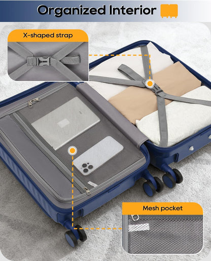 20 Inch Carry On Luggage with Front Pocket and Cup Holder, Blue | TSA Approved Suitcase, Laptop Compartment, Spinner Wheels With Brakes, ABS Hardside. Great For Frequent Business Travel