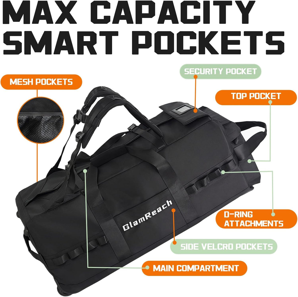 100L Rolling Duffle Bag with Wheels and Handle-Water Repellent Polyester, Duffle Bag for Travel with Hidden Straps, Travel Bag For Men & Women For Camping Sports Travel (Black)