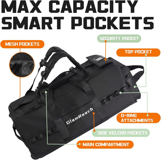 100L Rolling Duffle Bag with Wheels and Handle-Water Repellent Polyester, Duffle Bag for Travel with Hidden Straps, Travel Bag For Men & Women For Camping Sports Travel (Black)