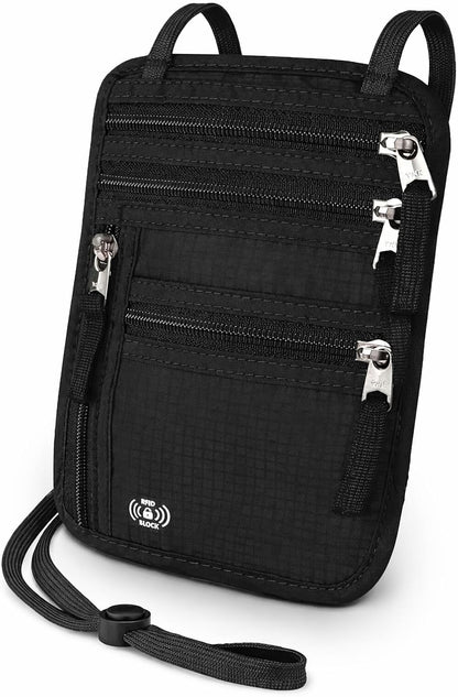 Travel Neck Wallet with RFID Blocking – Anti Theft Hidden Passport Holder for Men & Women, Slim Under Clothes Pouch with Zipper for Passport, Cards, Cash & Phone (Black)