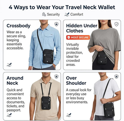 Travel Neck Wallet with RFID Blocking – Anti Theft Hidden Passport Holder for Men & Women, Slim Under Clothes Pouch with Zipper for Passport, Cards, Cash & Phone (Black)