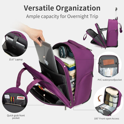 Underseat Carry on Luggage with Wheels,16-inch Airline Approved Personal Item Stylish Softside Underseater Suitcases with Wet/Dry Pockets,Overnight Rolling Carry-on Bag for Short Trip, Purple